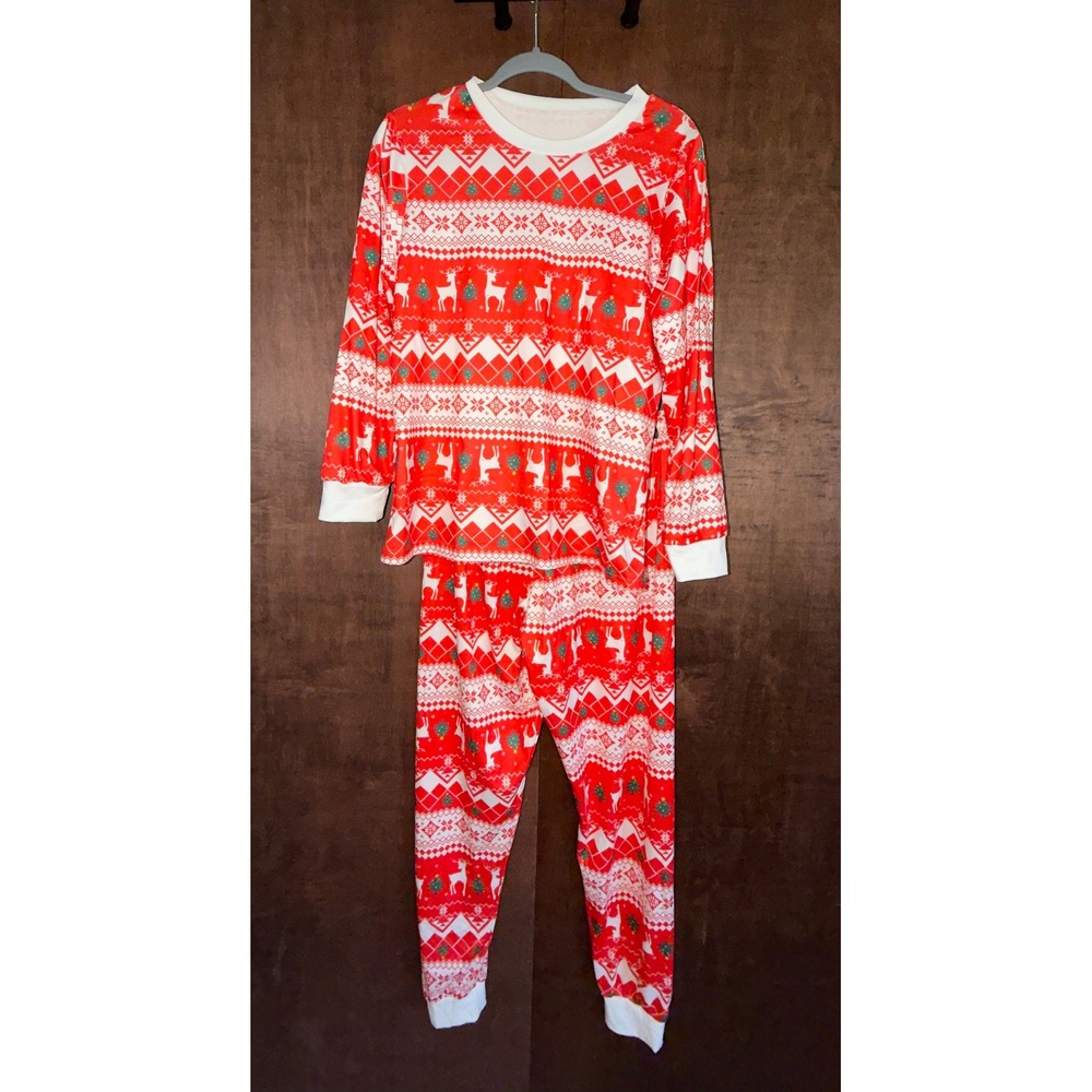 Christmas Reindeer Fair Isle Pajama Set Red White Holiday Lounge Set Women